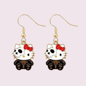 Sanrio Hello Kitty Skeleton Dangle Earrings – Red Bow Halloween Jewelry​​
